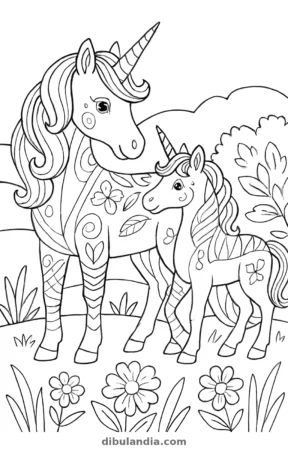 Familia de unicornios, dibujo en blanco y negro para colorear