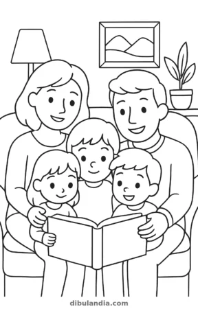 Una mujer, un hombre y tres niños sentados en un sofá leyendo un libro abierto, dibujo para colorear