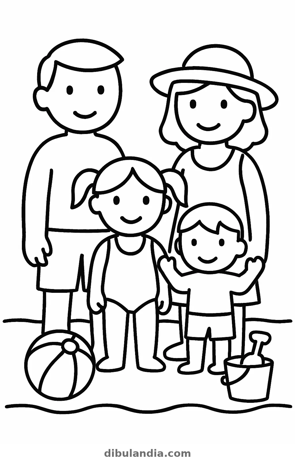 Un hombre, una mujer con sombrero, una niña con coletas y un niño en la arena con pelota y cubo, dibujo para colorear