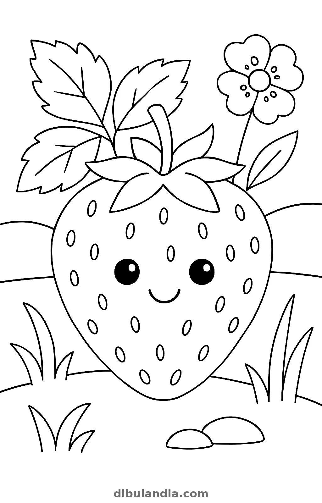 Fresa sonriente con hojas dentadas y una flor sobre la hierba, dibujo para colorear
