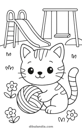 Gatito con un ovillo de lana, dibujo en blanco y negro para colorear