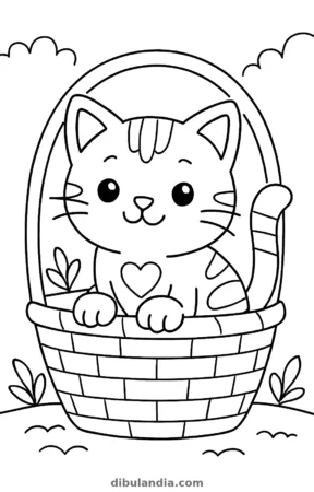 Gatito en una cesta, dibujo en blanco y negro para colorear