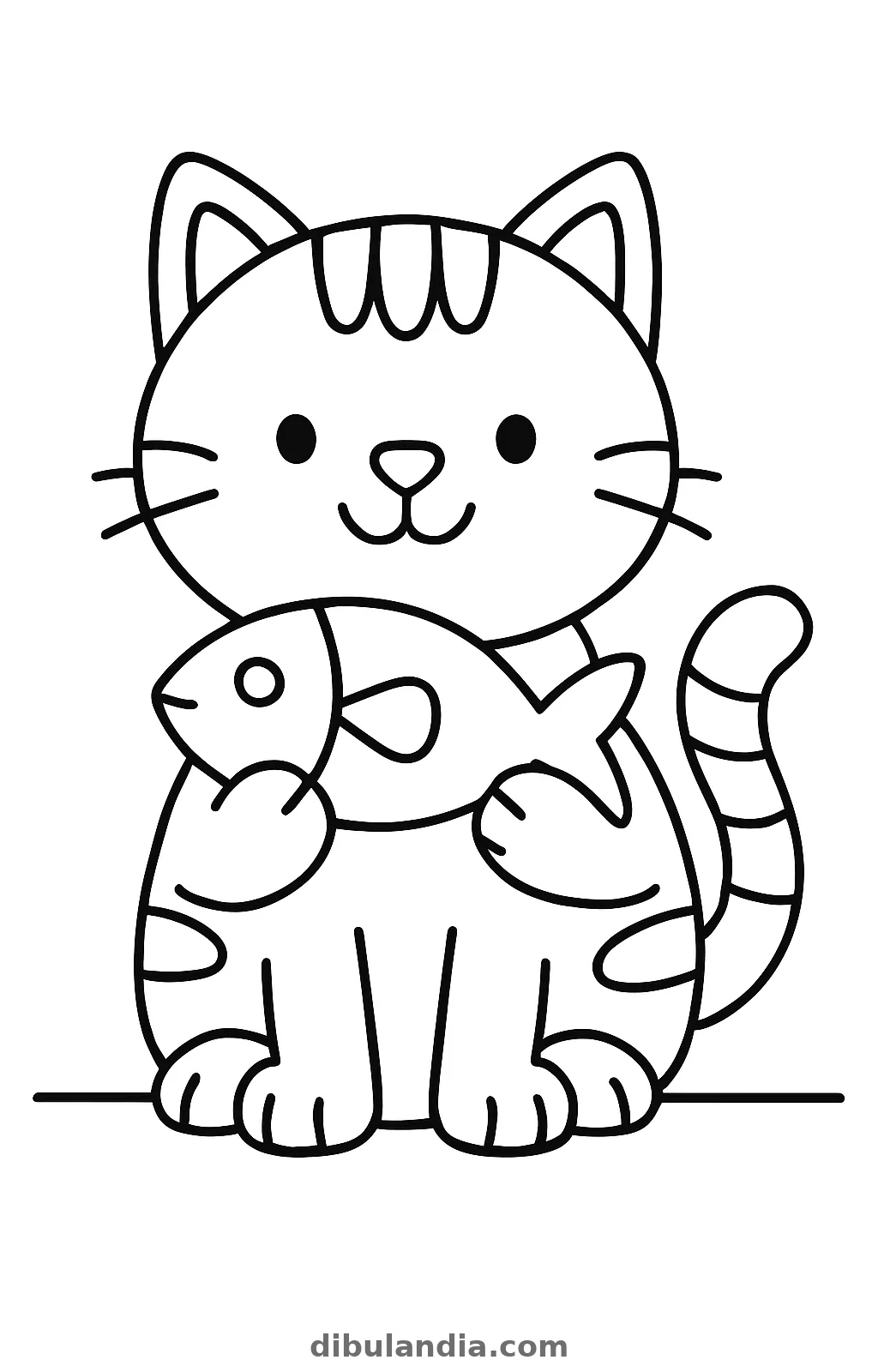 Gato atigrado sentado abrazando un pez, trazo grueso, dibujo para colorear