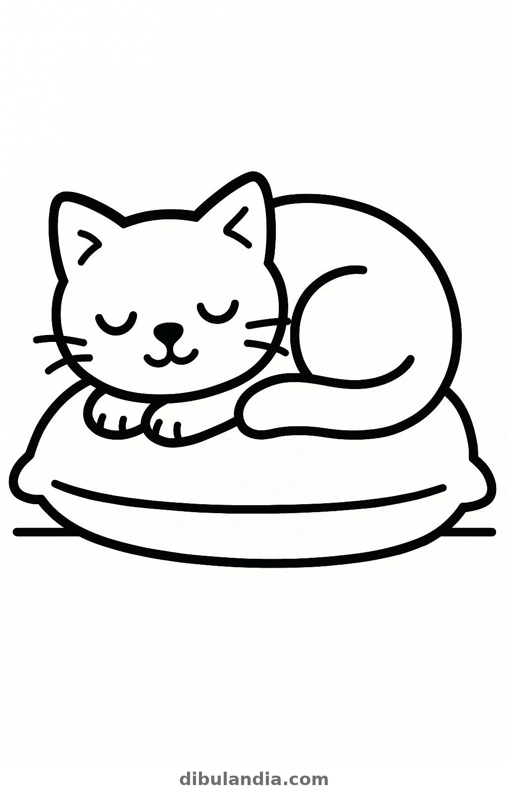 Gato dormido y enroscado sobre un cojín, con trazo grueso, dibujo para colorear