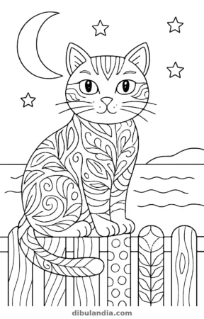 Gato en la valla de noche, dibujo en blanco y negro para colorear
