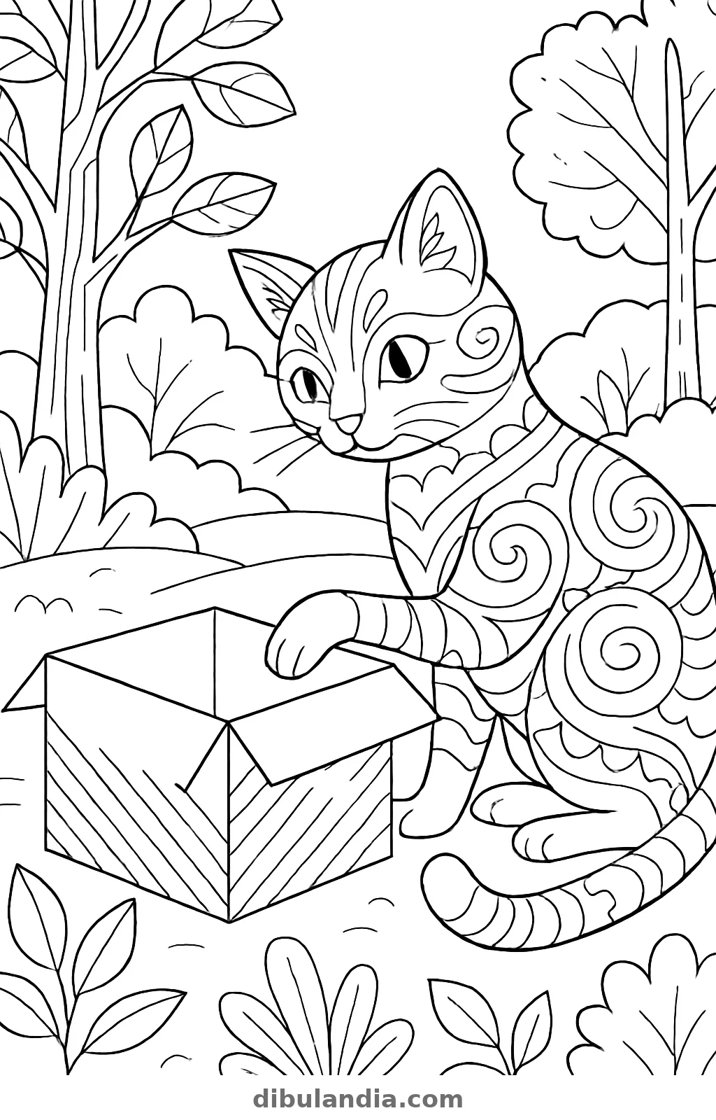 Gato jugando con una caja, dibujo en blanco y negro para colorear