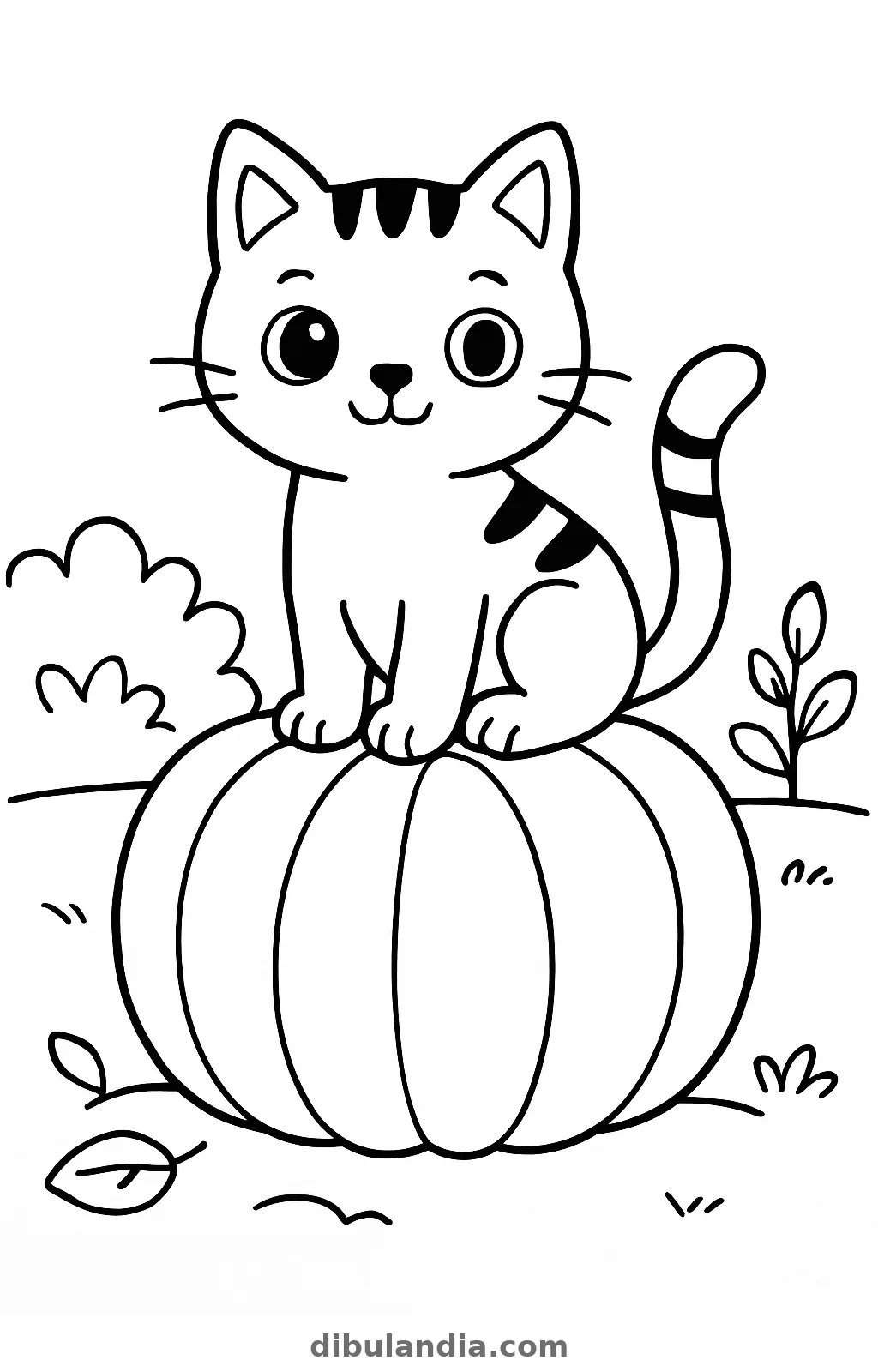 Gato con rayas sentado sobre una calabaza junto a un arbusto, dibujo para colorear