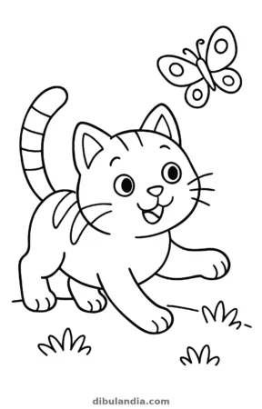 Gato persiguiendo una mariposa, dibujo en blanco y negro para colorear