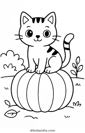Gato con rayas sentado sobre una calabaza junto a un arbusto, dibujo para colorear