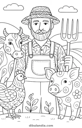 Granjero con sus animales, dibujo en blanco y negro para colorear