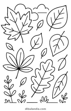 Hojas de otoño, dibujo en blanco y negro para colorear