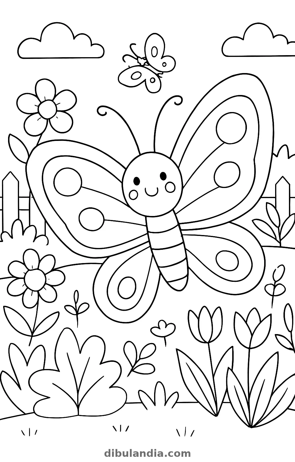 Mariposa grande sonriente en un jardín con valla, tulipanes y una mariposa pequeña, dibujo para colorear