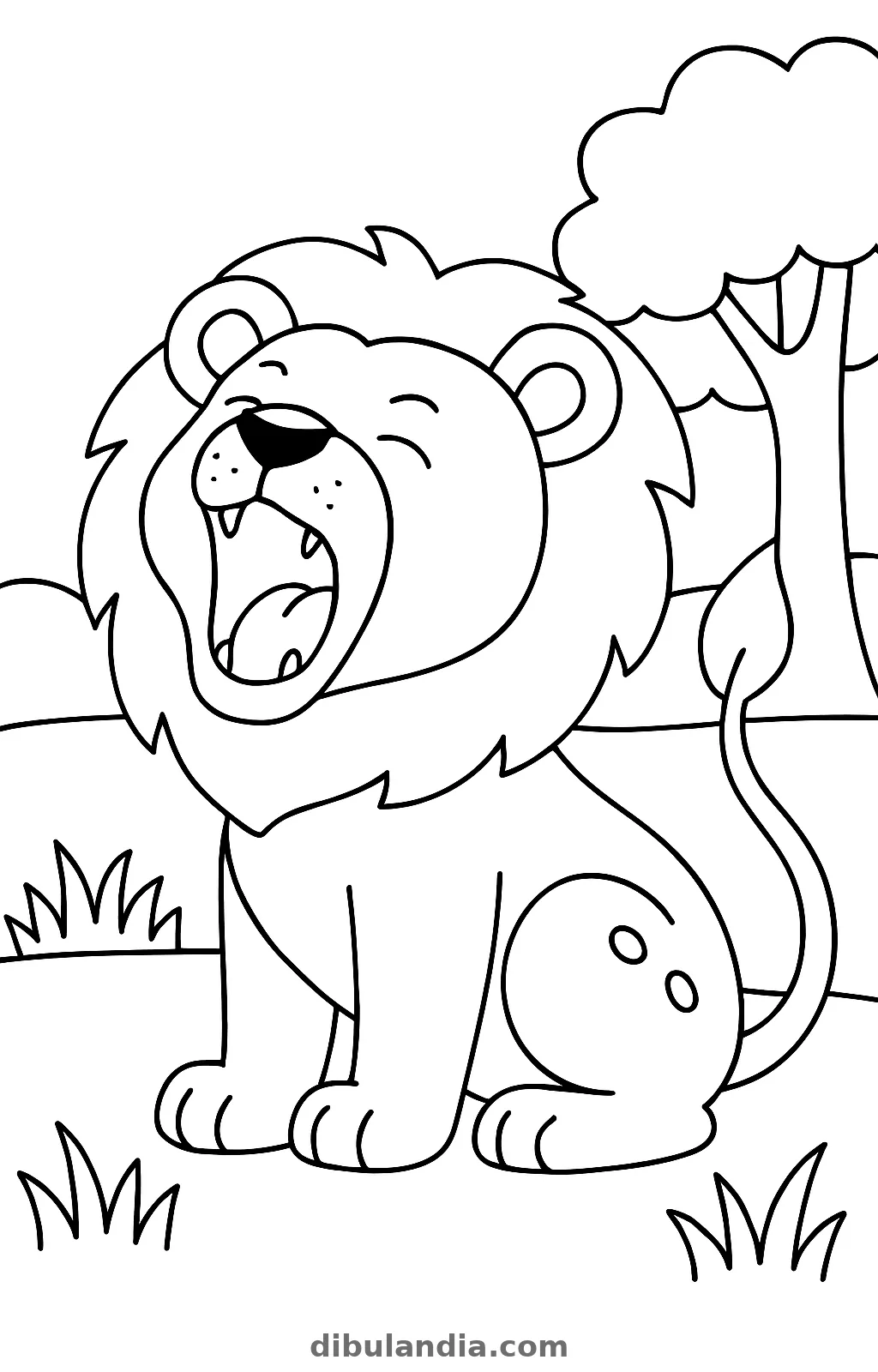 León rugiendo con la boca abierta y los colmillos a la vista junto a un árbol, dibujo para colorear