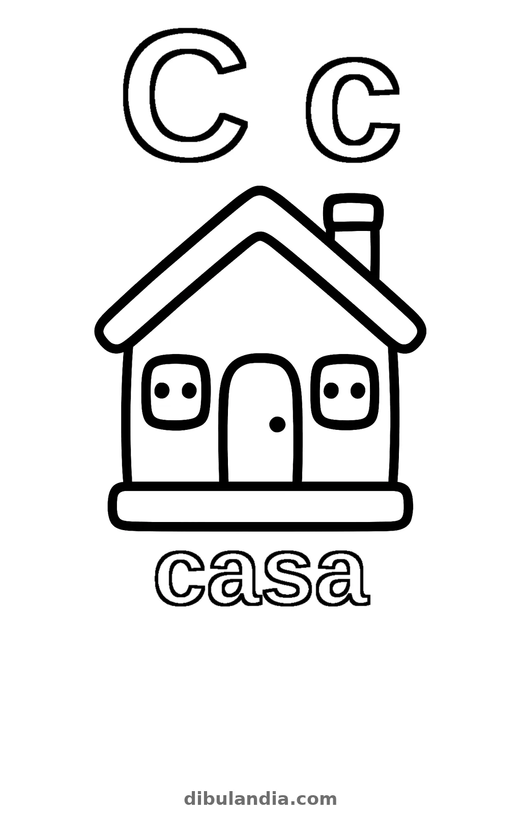 Letra C mayúscula y minúscula con una casa con chimenea y la palabra casa, dibujo para colorear