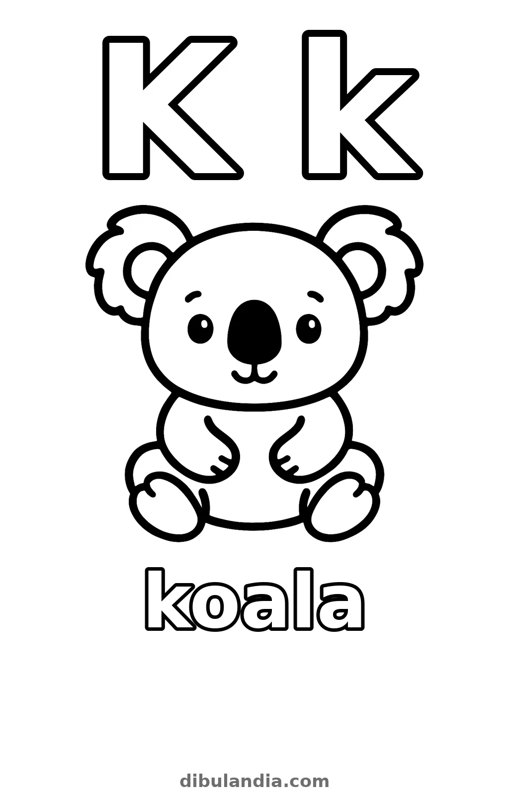 Letra K de koala, dibujo en blanco y negro para colorear