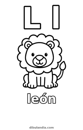 Letra L de león, dibujo en blanco y negro para colorear