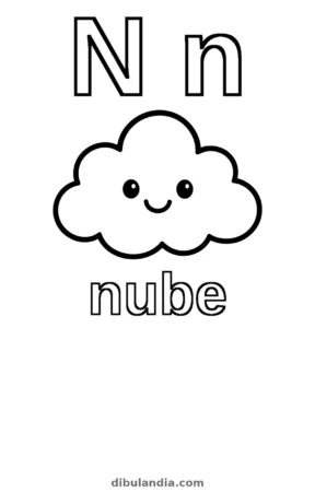 Letra N de nube, dibujo en blanco y negro para colorear