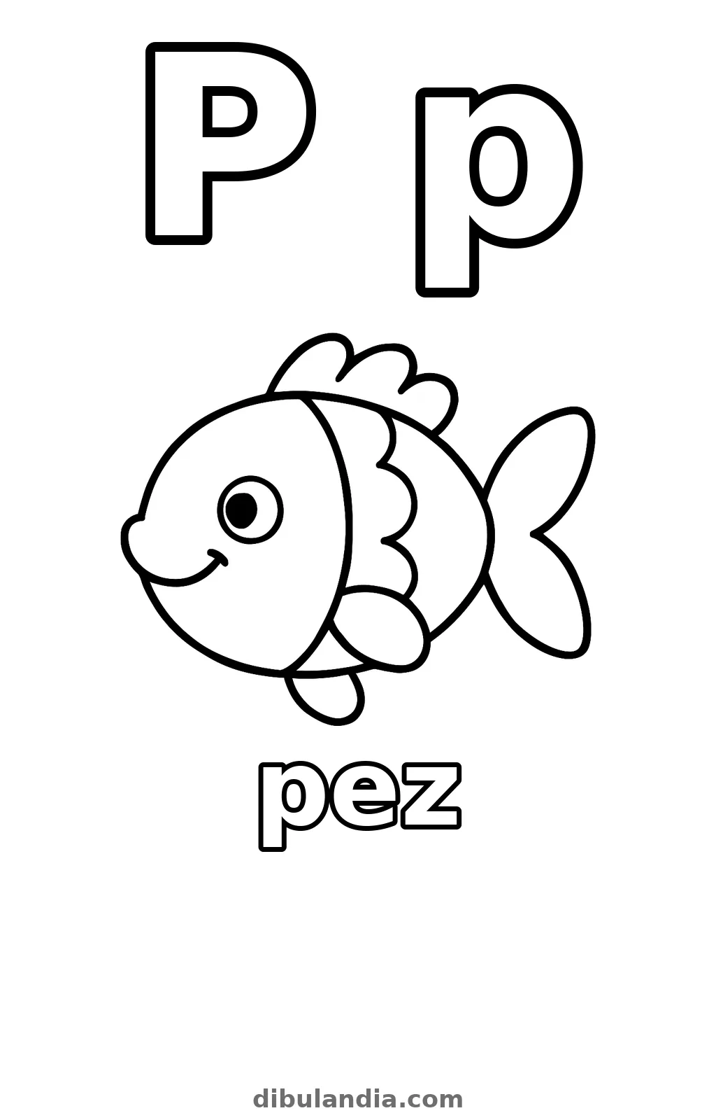 Letra P de pez, dibujo en blanco y negro para colorear