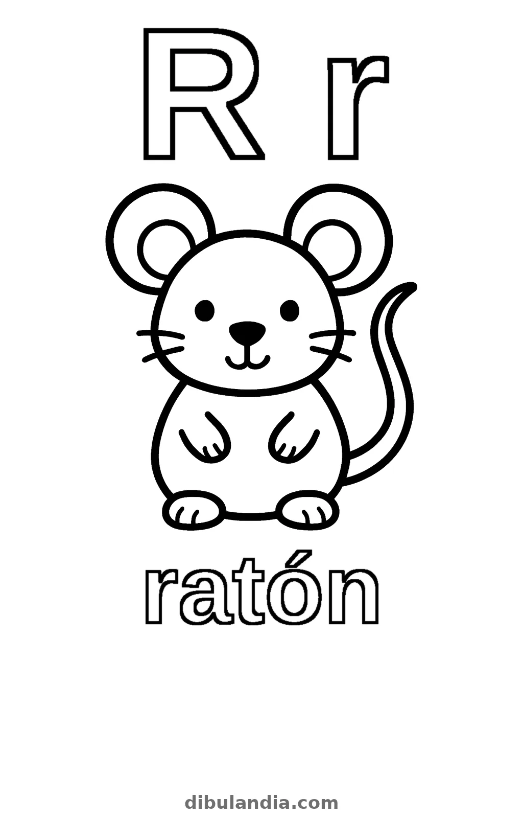 Letra R mayúscula y minúscula con un ratón de pie y la palabra ratón, dibujo para colorear