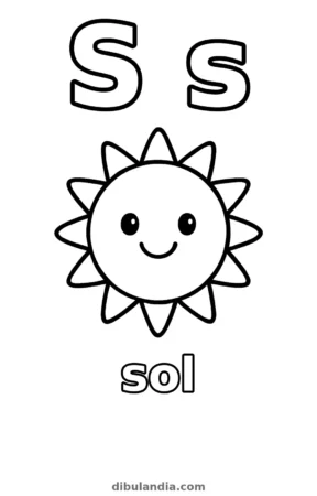 Letra S de sol, dibujo en blanco y negro para colorear