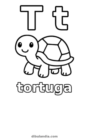 Letra T de tortuga, dibujo en blanco y negro para colorear