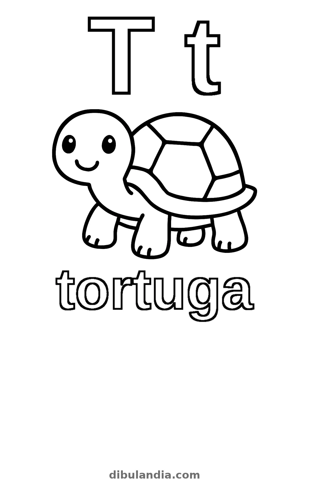 Letra T mayúscula y minúscula con una tortuga sonriente y la palabra tortuga, dibujo para colorear