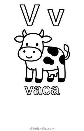 Letra V de vaca, dibujo en blanco y negro para colorear