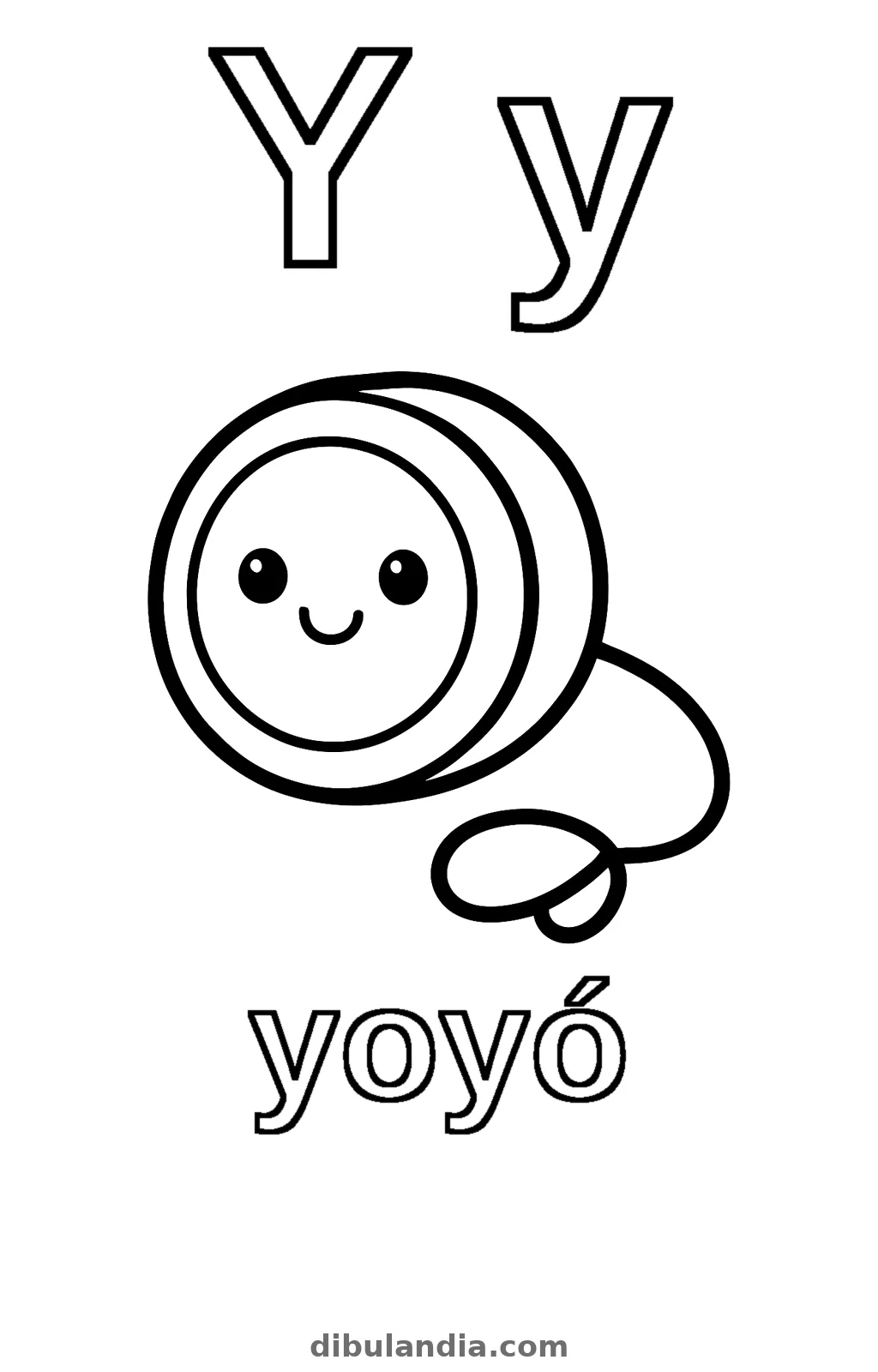 Letra Y mayúscula y minúscula con un yoyó sonriente y la palabra yoyó, dibujo para colorear