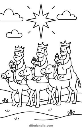 Los Reyes Magos en camello siguiendo la estrella, dibujo en blanco y negro para colorear