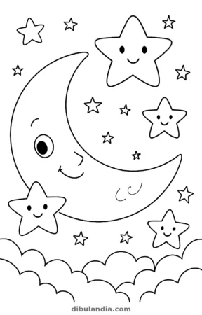 Luna y estrellas, dibujo en blanco y negro para colorear