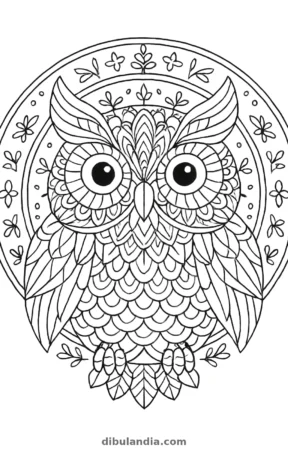 Mandala de búho, dibujo en blanco y negro para colorear