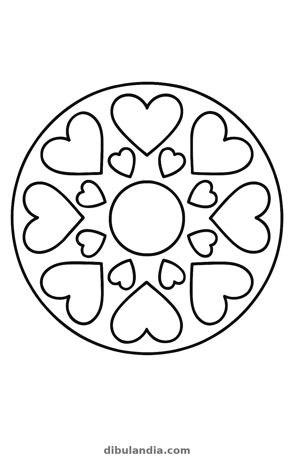 Mandala sencillo de corazones grandes y pequeños alrededor de un círculo, dibujo para colorear