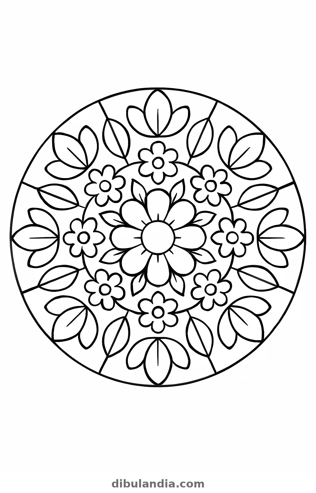 Mandala circular con una flor grande en el centro, ocho flores pequeñas y hojas, dibujo para colorear
