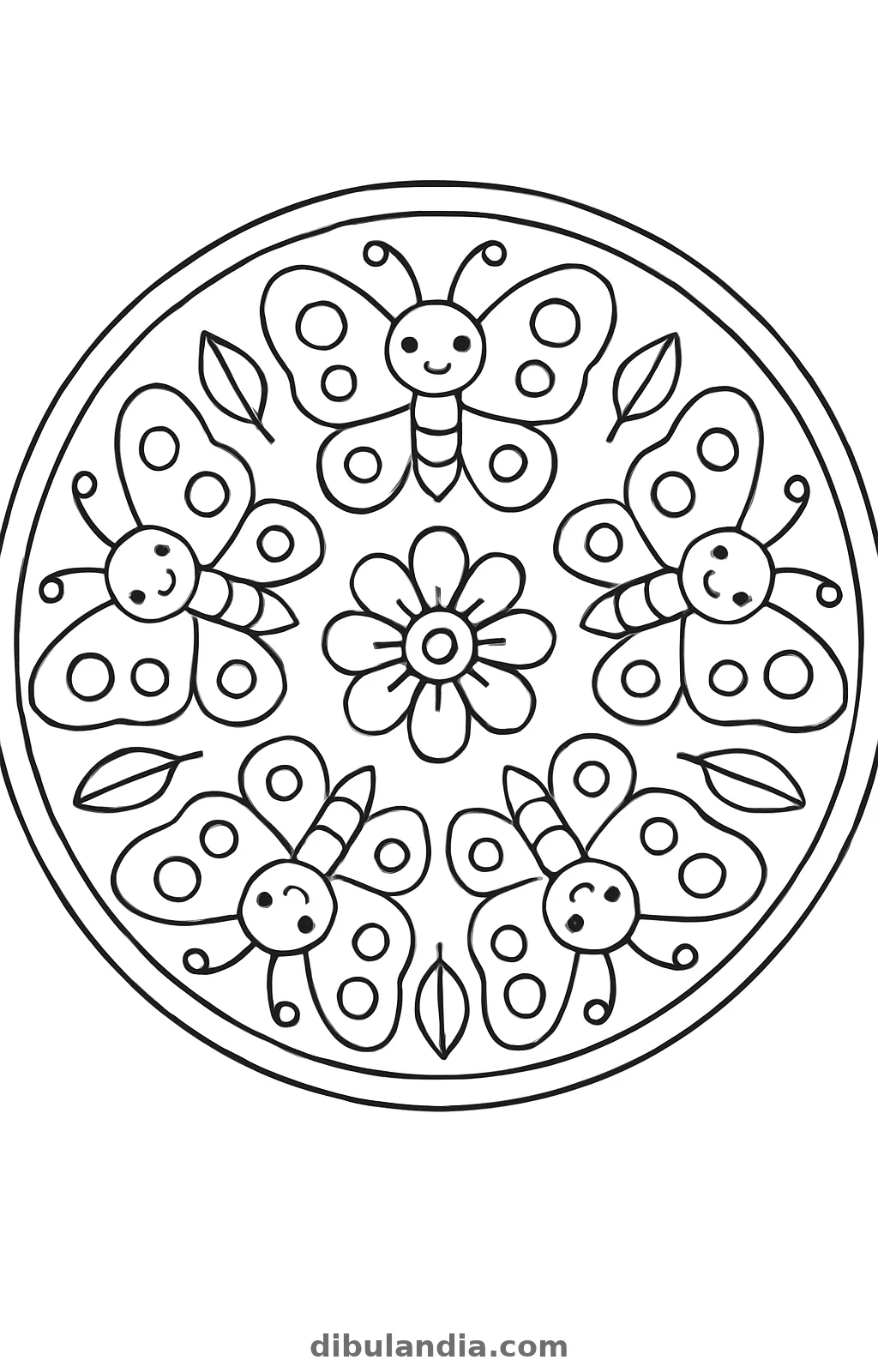 Cinco mariposas con cara alrededor de una flor dentro de un círculo, dibujo para colorear