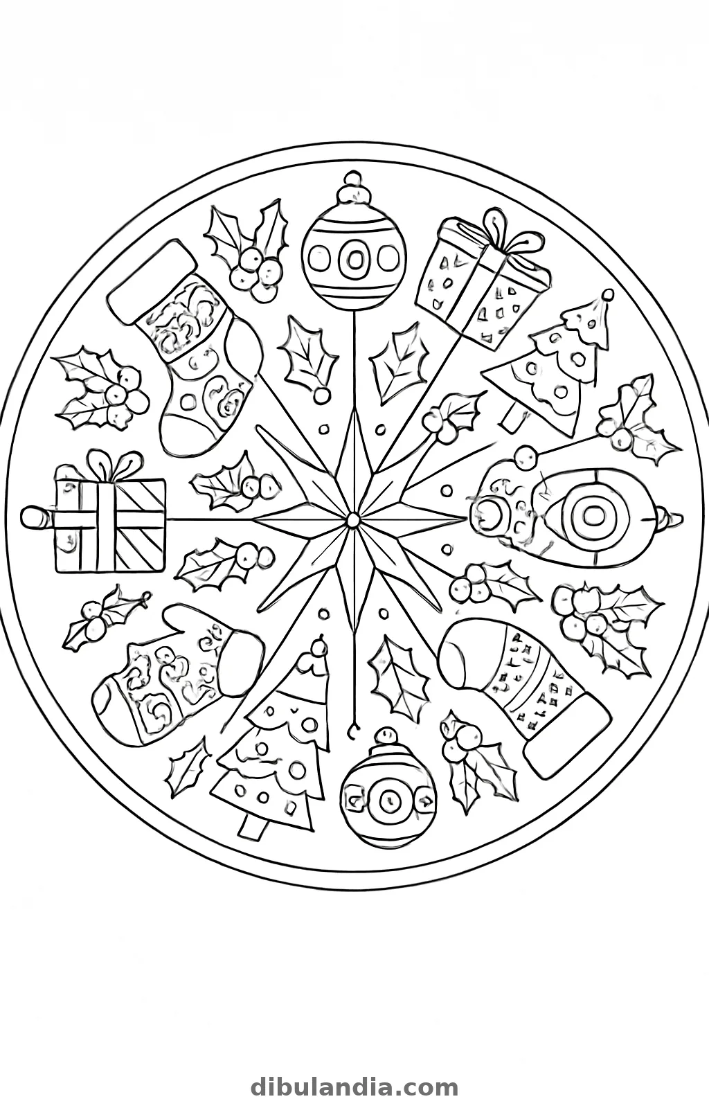 Mandala navideño con estrella central, regalos, abetos, bolas y acebo, dibujo para colorear