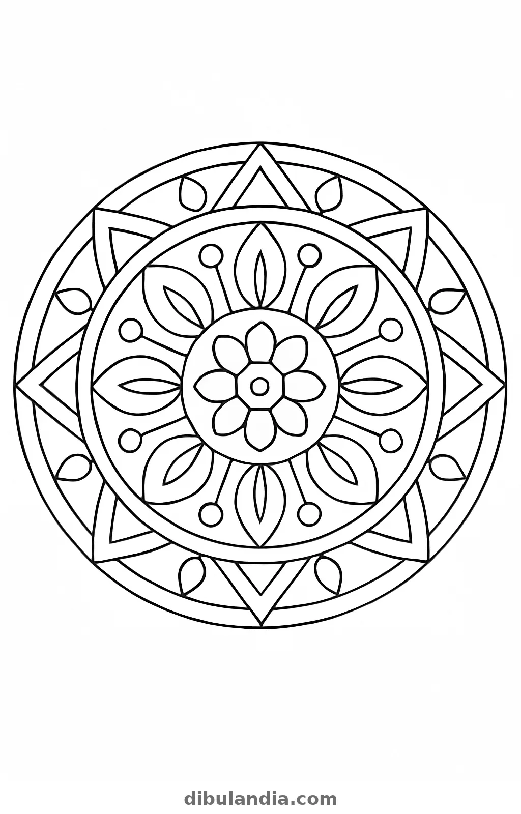 Mandala geométrico con flor central, triángulos y círculos en anillos, dibujo para colorear