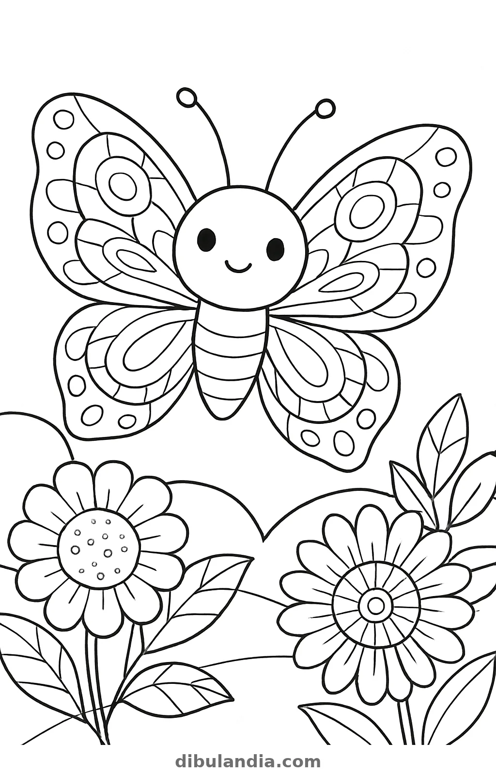 Mariposa kawaii sonriente con alas de celdas y círculos sobre dos flores grandes, dibujo para colorear
