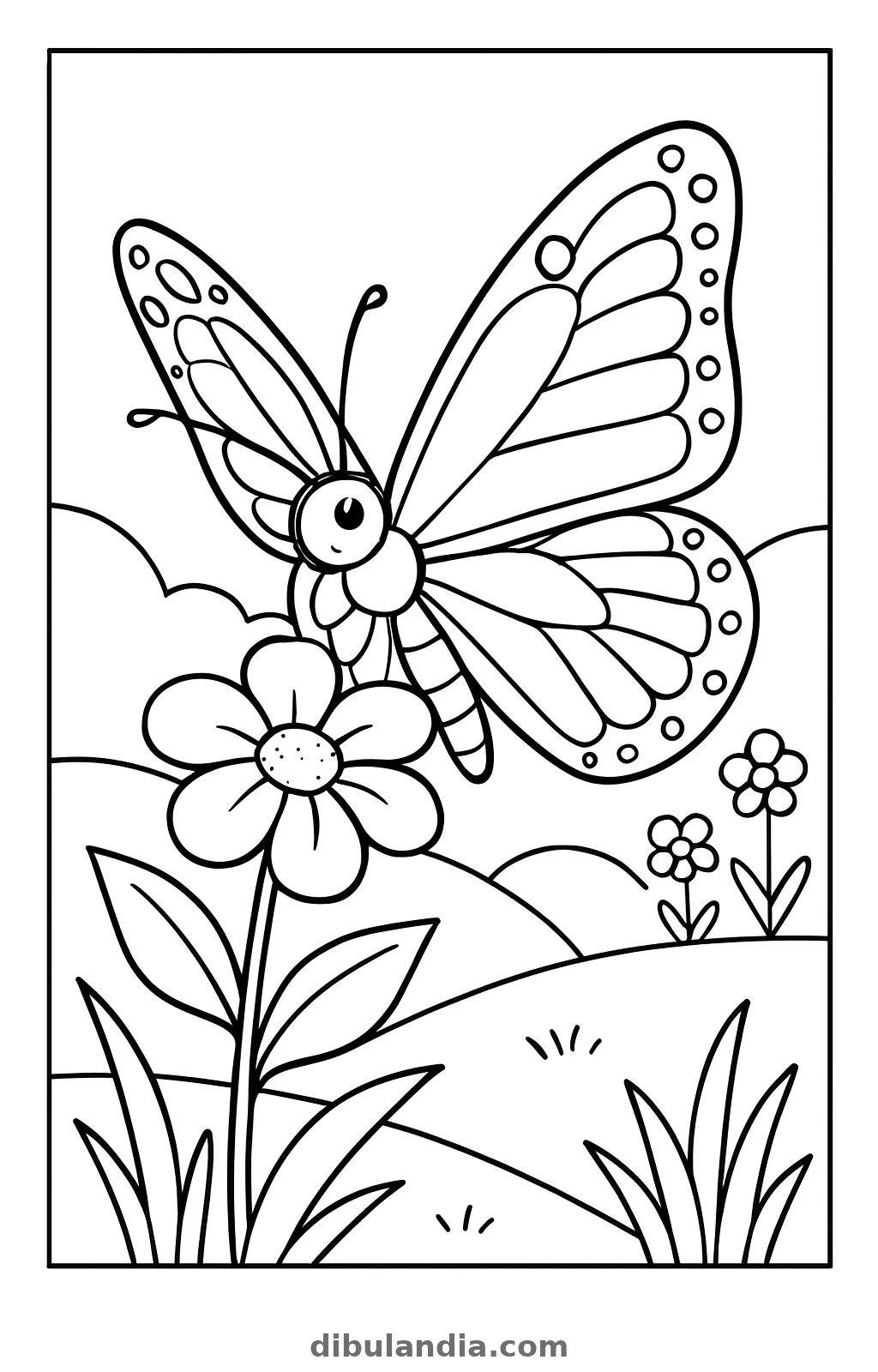 Mariposa monarca de lado junto a una flor grande, con colinas al fondo y marco, dibujo para colorear