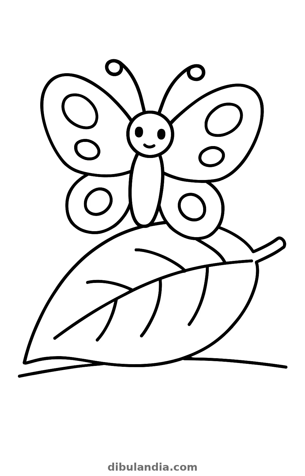 Mariposa sencilla con manchas redondas en las alas posada sobre una hoja grande, dibujo para colorear