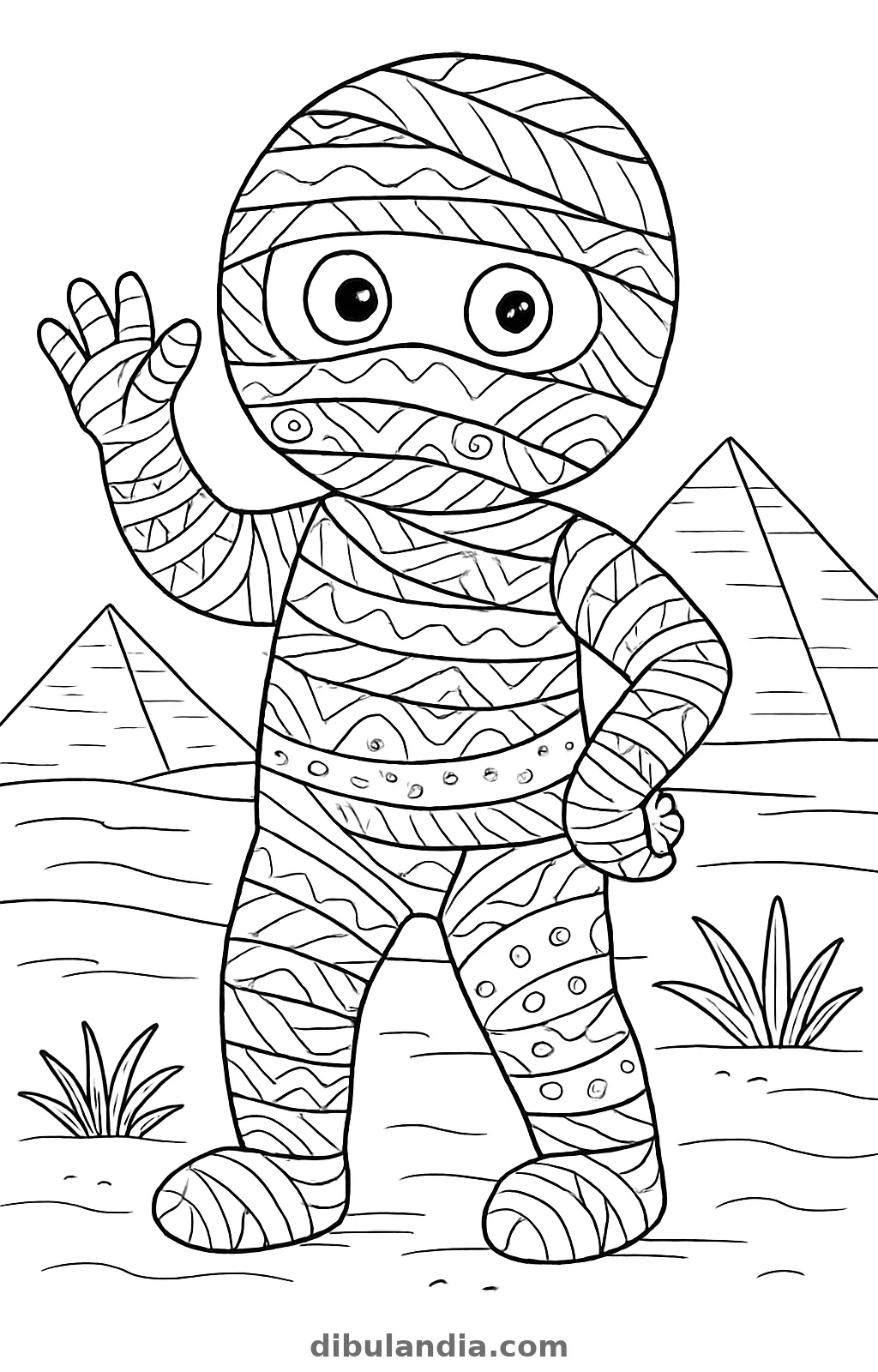 Momia simpática, dibujo en blanco y negro para colorear
