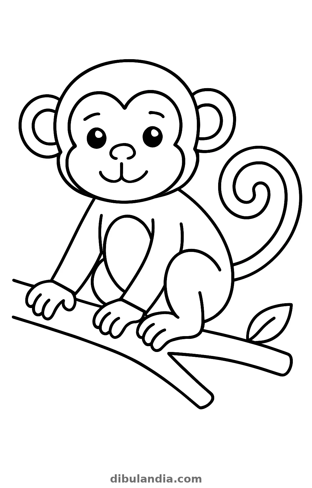 Mono sonriente sentado en una rama con la cola enroscada en espiral, dibujo para colorear