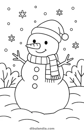 Muñeco de nieve con gorro de borla, bufanda de rayas y nariz de zanahoria mientras nieva, dibujo para colorear