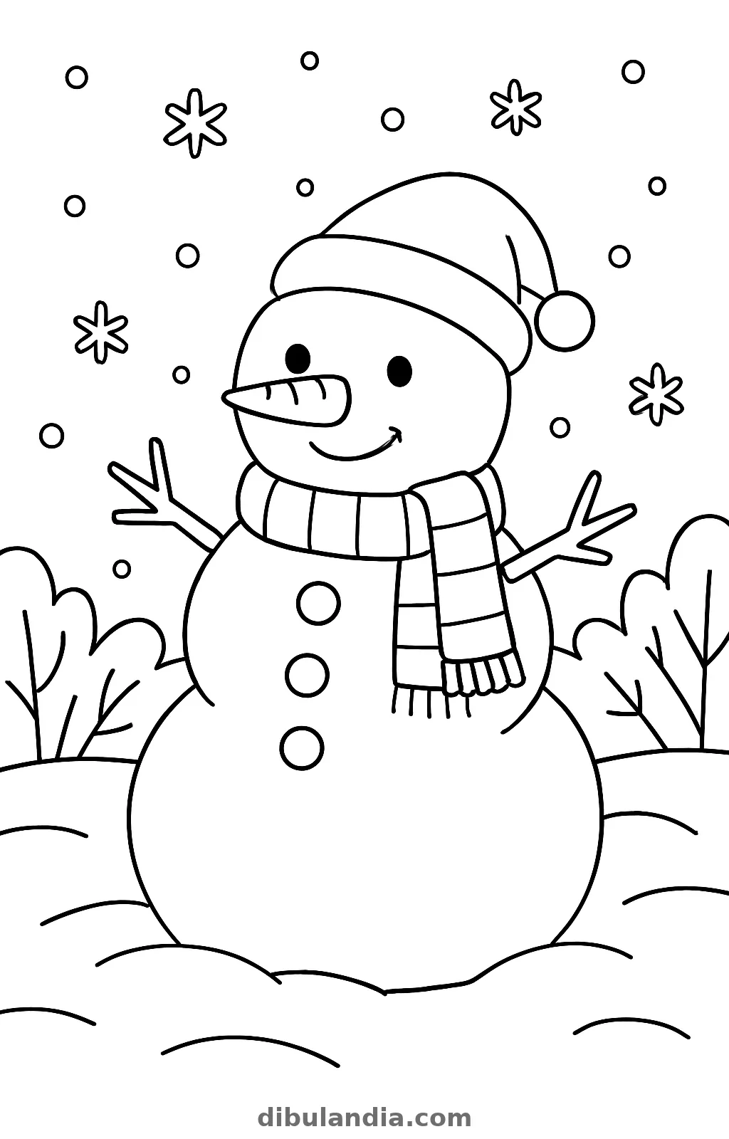 Muñeco de nieve con gorro de borla, bufanda de rayas y nariz de zanahoria mientras nieva, dibujo para colorear