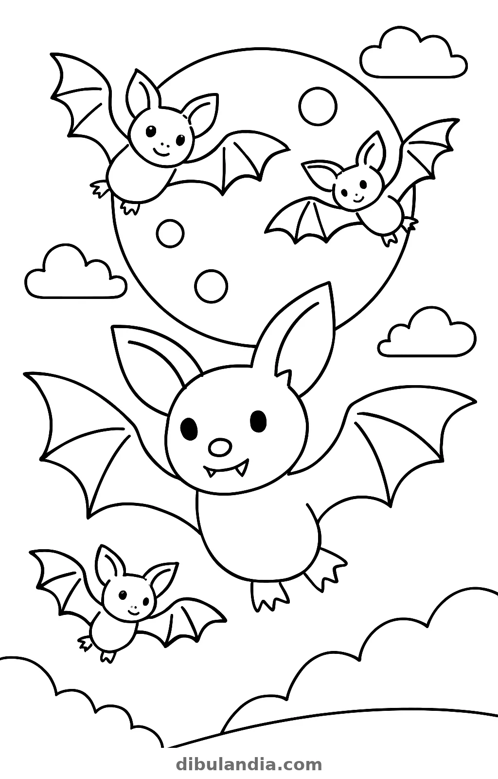 Murciélagos y luna llena, dibujo en blanco y negro para colorear