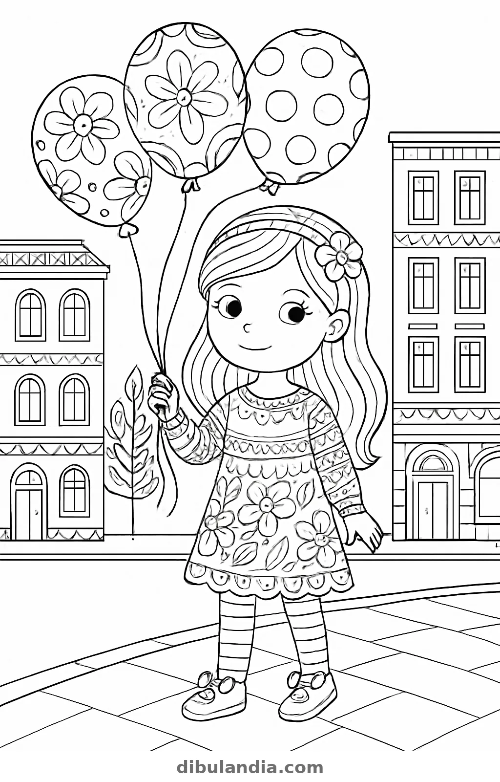 Niña con vestido de flores sujetando tres globos en una calle con edificios, dibujo para colorear