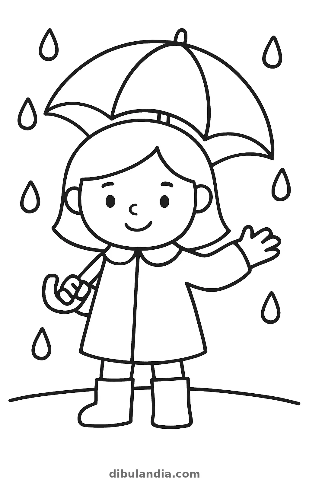 Niña con impermeable y botas de agua bajo un paraguas entre gotas de lluvia, dibujo para colorear