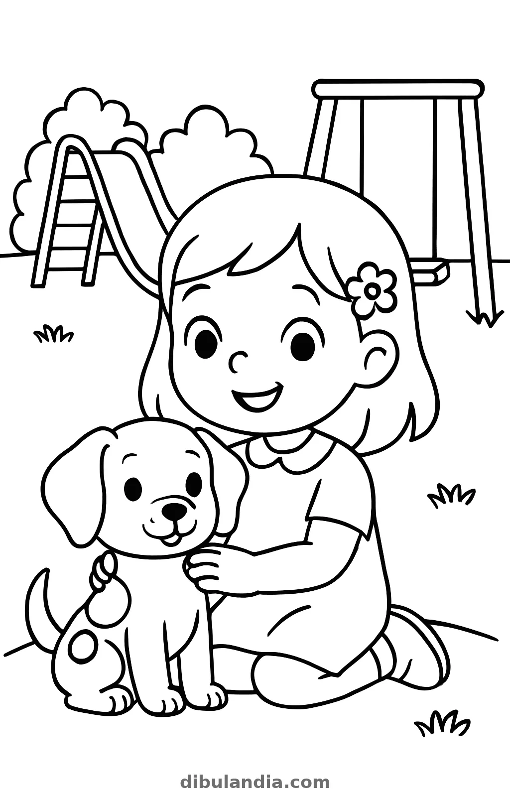 Niña arrodillada acariciando a un cachorro de orejas caídas en un parque con tobogán, dibujo para colorear