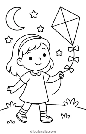 Niña con una cometa, dibujo en blanco y negro para colorear