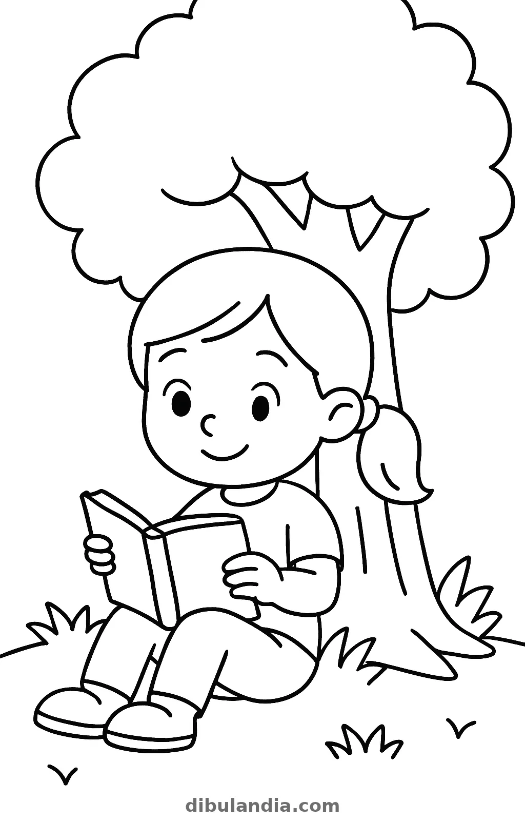 Niña con coleta leyendo un libro sentada bajo un árbol, dibujo para colorear