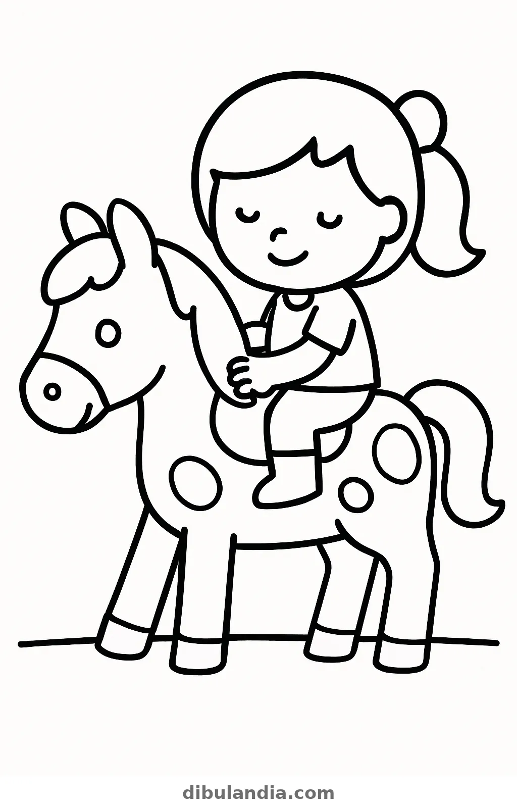 Niña con coleta sentada sobre un caballo con manchas, trazo grueso, dibujo para colorear